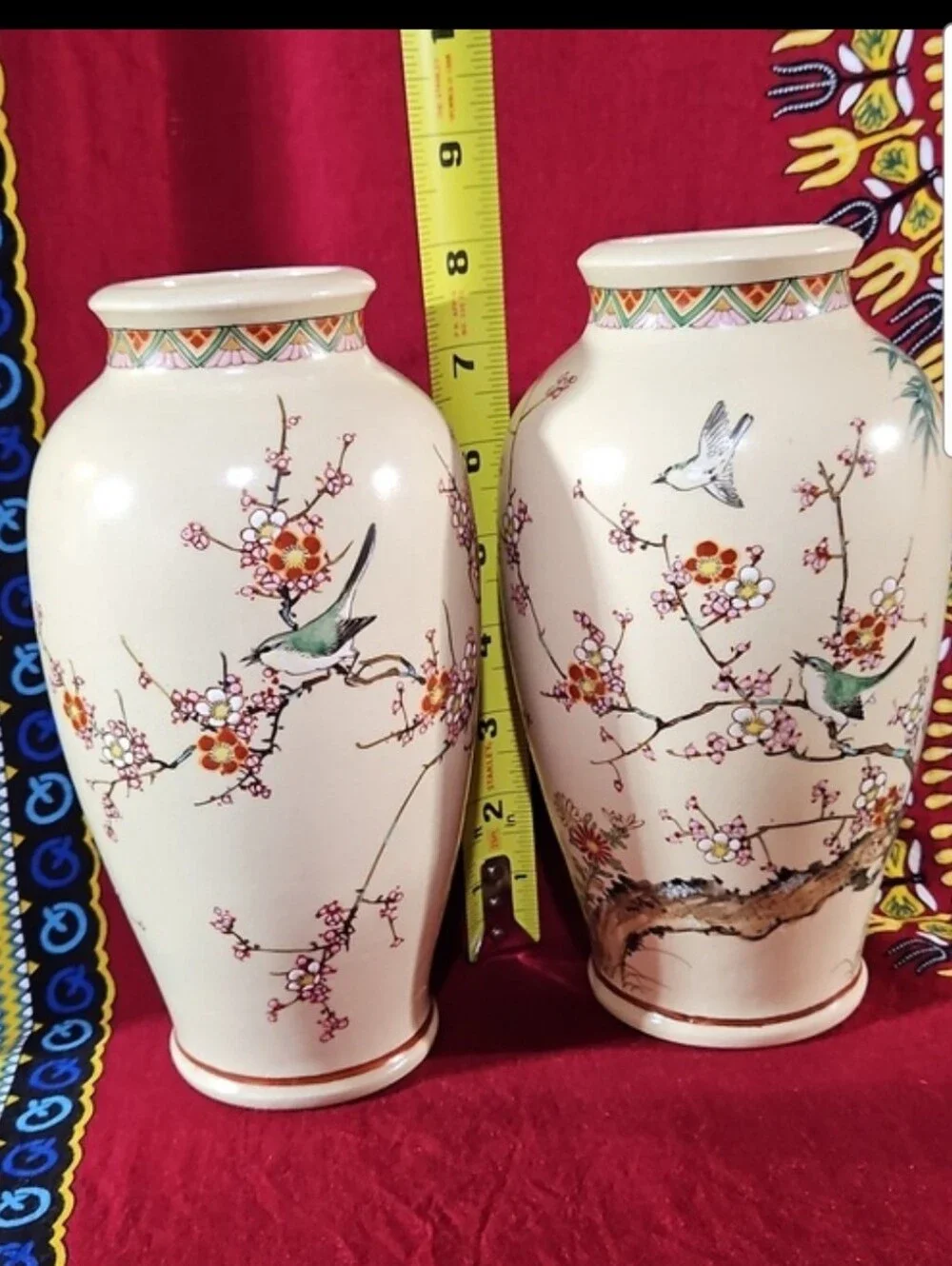 VTG Japanese Shinkozan Satsuma Handpainted Crackle Glaze Vase Birds/Blossoms #1